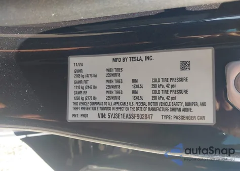 2025 Tesla Model 3 Long Range Rear-Wheel Drive from USA, damaged, VIN 5YJ3E1EA5SF902847